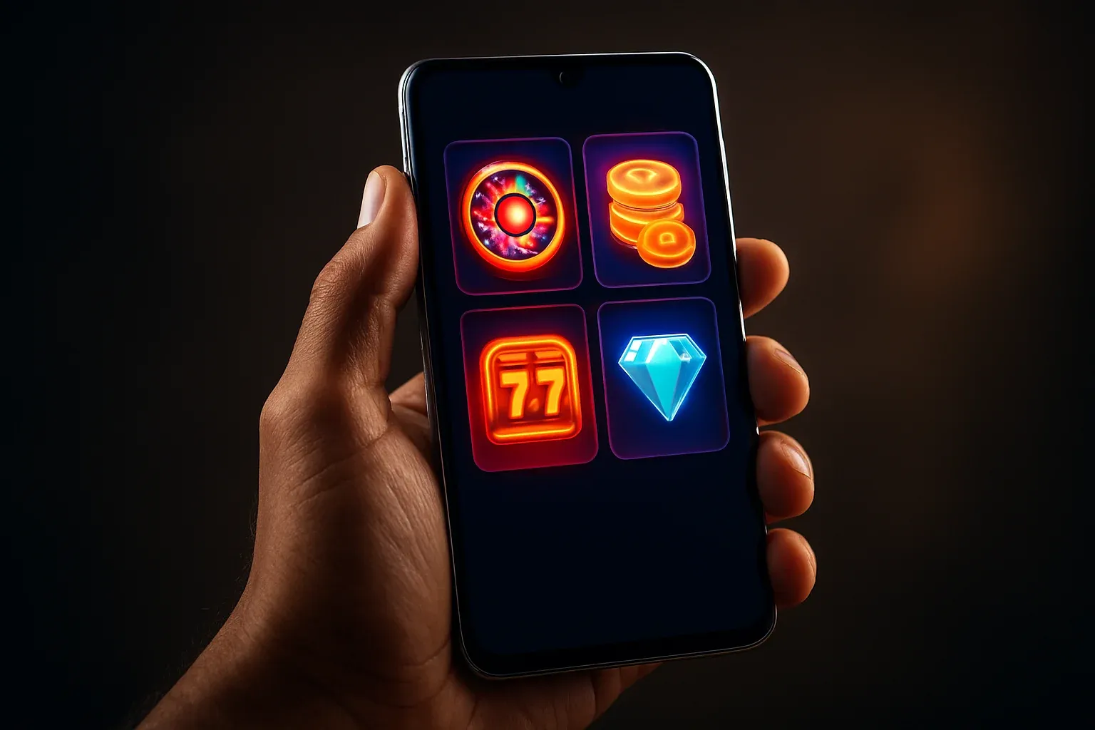Premium Android smartphone in Bangladeshi hands showing vibrant casino-style app interface