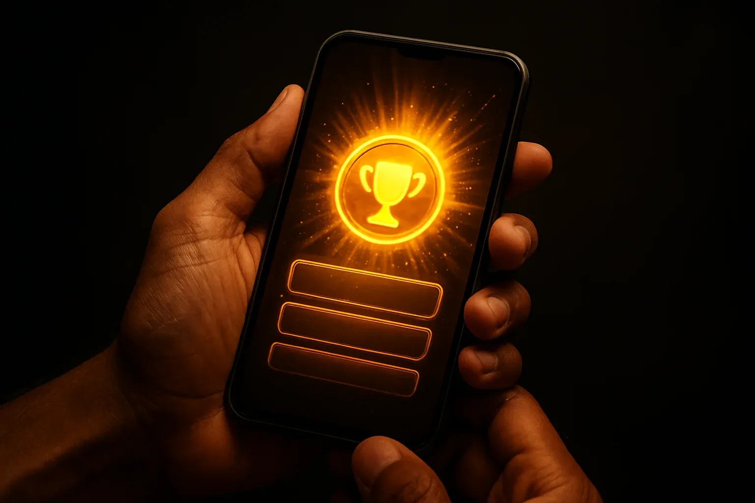Bangladeshi man's hands holding smartphone with glowing golden reward screen