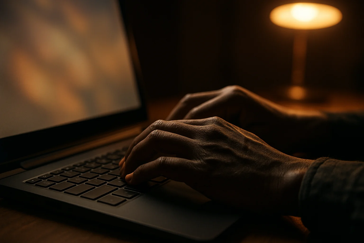 Bangladeshi hands typing on laptop with warm ambient lighting