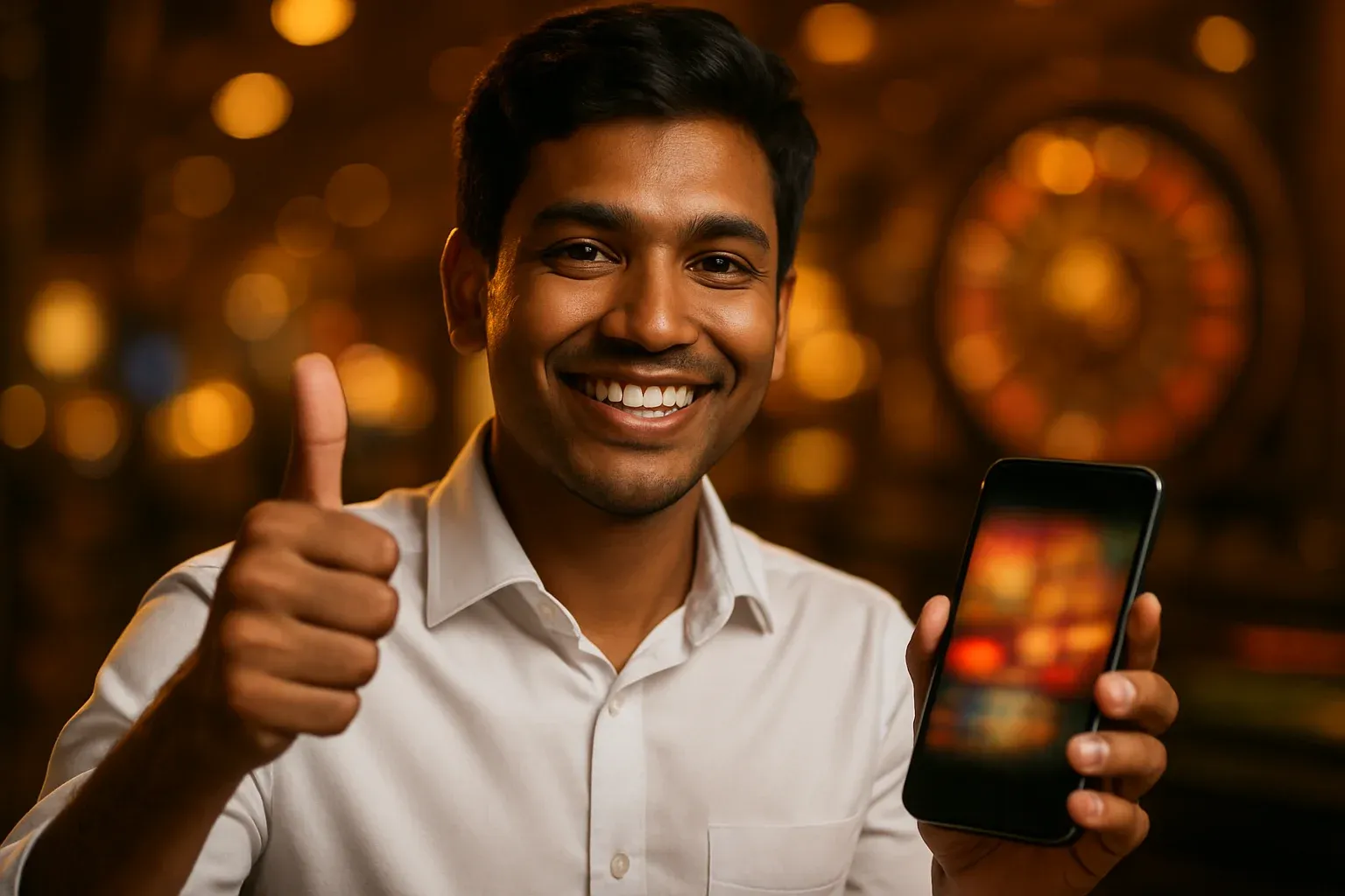Young Bangladeshi man holding smartphone with casino lounge background