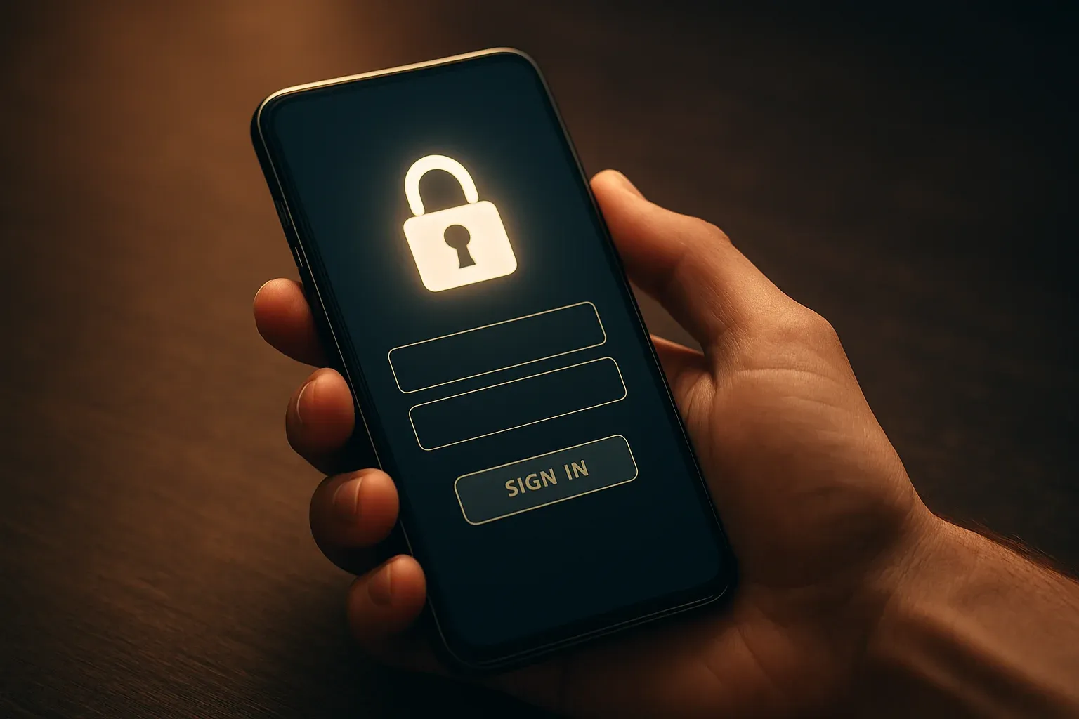 Smartphone in hand showing secure login interface with padlock icon