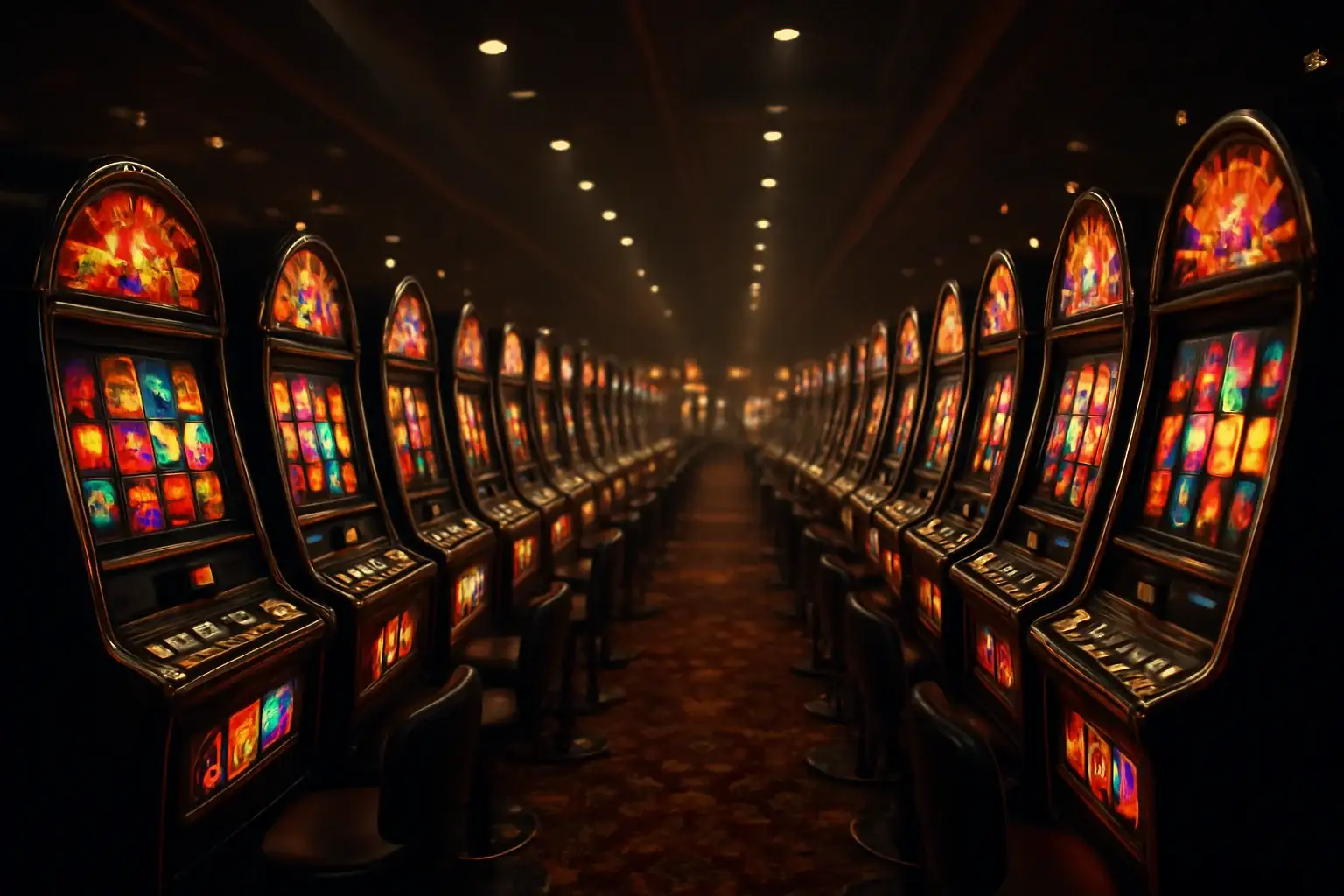 Ultra-realistic wide shot of opulent slot machine hall with glowing cabinets